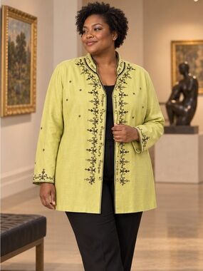 Silkland Woman Size 20 Silk Linen Embroidered Mandarin Jacket